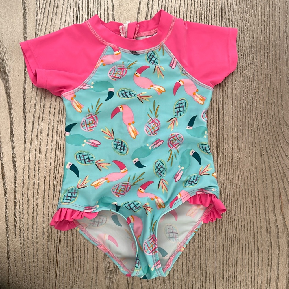 Floatimini Hot Pink Toucan & Pineapple Swimsuit Rashguard Zip Up 3T